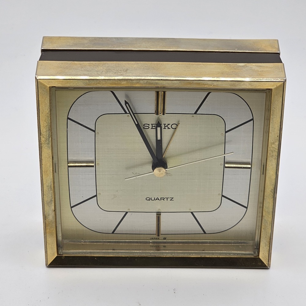 Vintage Seiko Quartz Gold Tone Square Table Clock - WORKS 4"x4"